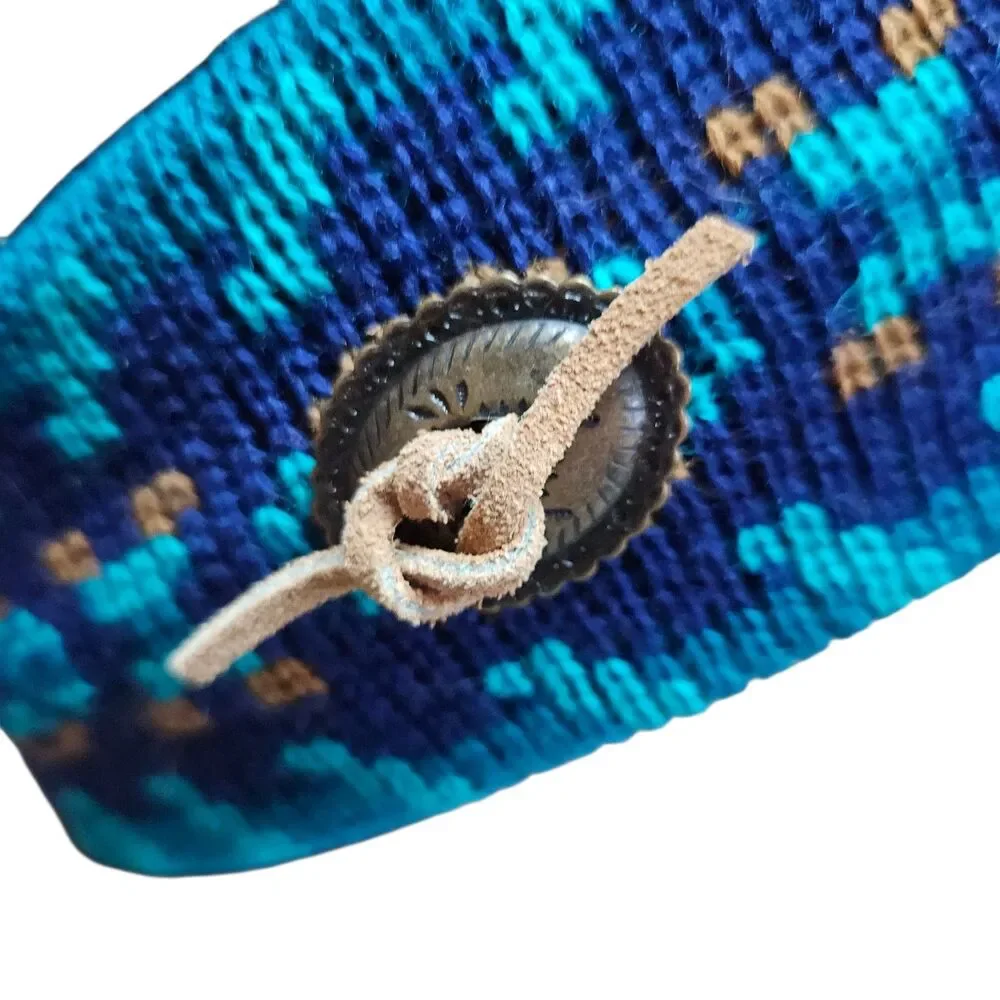 Smiley Wool Knit Headband Winter Ear Cover Blue With Conchos